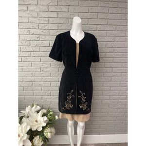 Sheri Martin New York Women Black & Tan 2-in-1 Embroidered Sheath Dress Size 14P